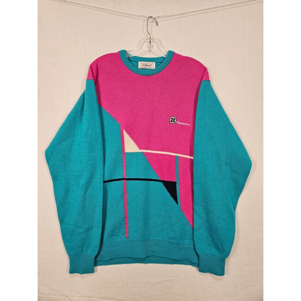 Vintage Titleist Lambswool Sweater Large Pink Teal Geometric Made in Scotland